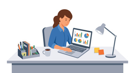 Fototapeta premium A woman works at her desk with a laptop showing charts, along with a desk lamp, coffee, and stationery in a flat vector illustration style.