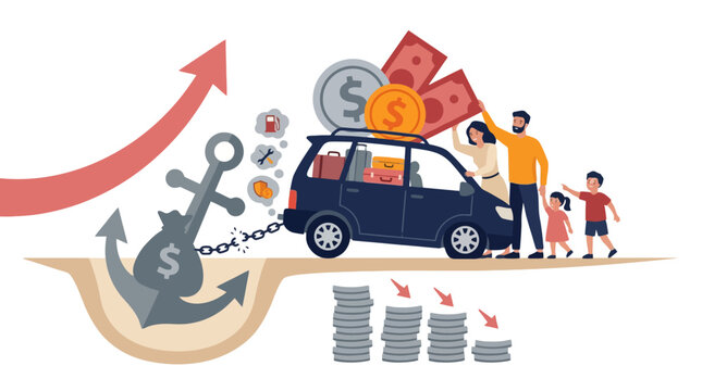 Family financial burden concept with car anchored by debt and rising costs. EPS Editable