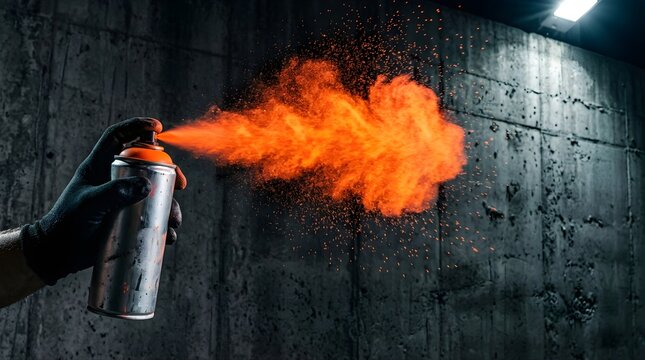 Hand holding spray paint can creating orange mist on dark concrete wall