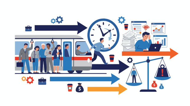 Flat vector illustration of work life balance concept with commuters on a train and office worker managing time and stress. EPS Editable