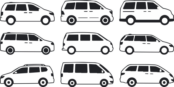 mini van mpvs silhouette side view profile comparison vehicle icons set