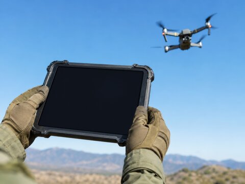 A soldier in tactical gear holds a blank tablet screen while controlling a drone in the sky above.