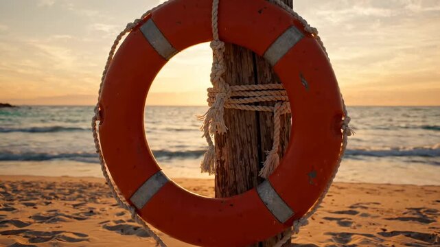 Zoom in on orange lifebuoy on beach at sunset