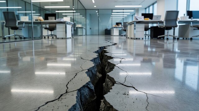A wide crack splits the polished concrete floor down the center of a modern, empty office workspace.