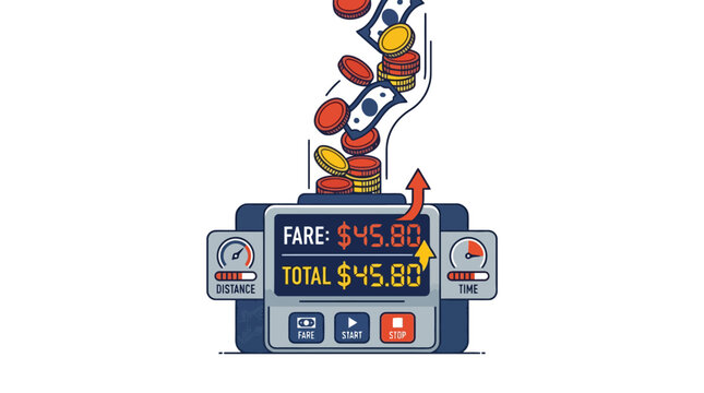 Illustration of a taxi meter showing a high fare with money falling into the device representing transportation costs. EPS Editable