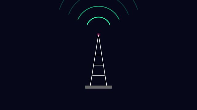 Digital radio tower broadcasting signal waves animation for telecommunications and wireless network connectivity concept 4k