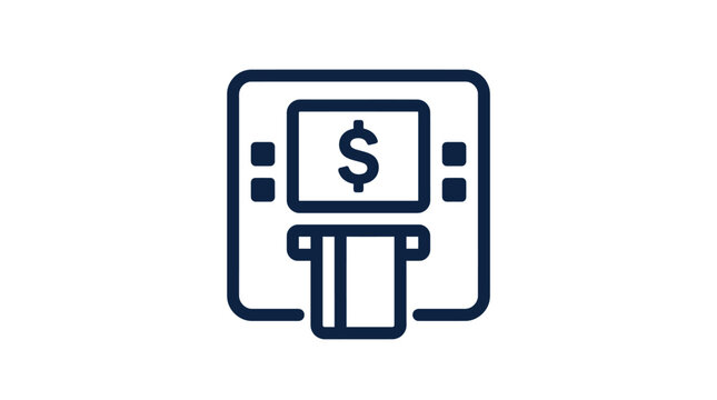 Minimalist blue vector graphic illustration of an atm machine with a dollar sign credit card