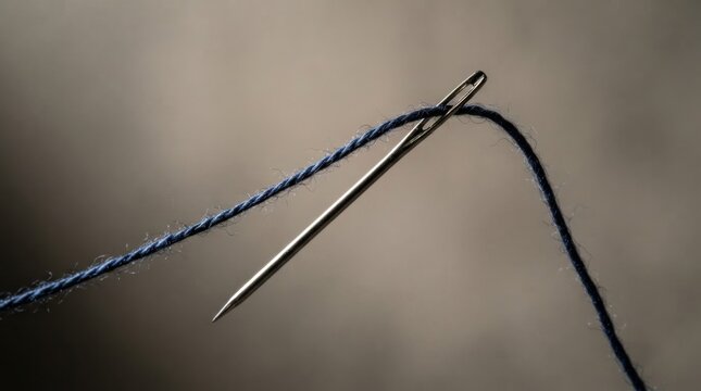 Close-Up of a Needle Threaded with Blue Yarn