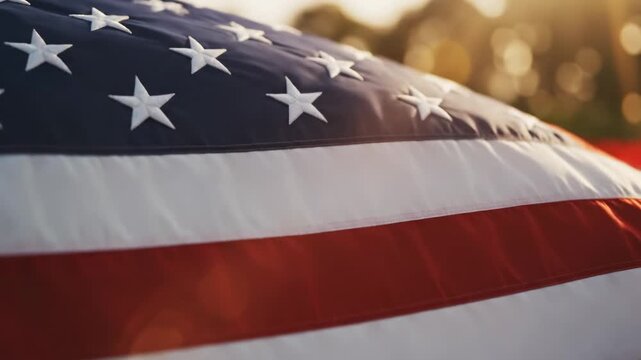 American flag waving in golden sunlight