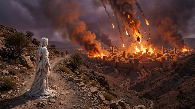 The destruction of Sodom and Gomorrah. Lot's wife turning into a pillar of salt as fiery meteors rain down on the ancient cities