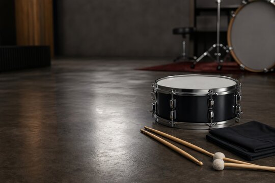 Snare Drum and Wooden Drumsticks in a Rehearsal Studio