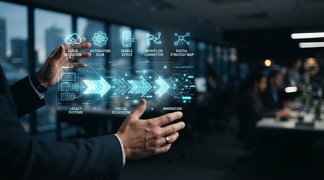 Business executive presenting holographic digital transformation interface showing connected enterprise process migration from analog to digital technology for business innovation management.