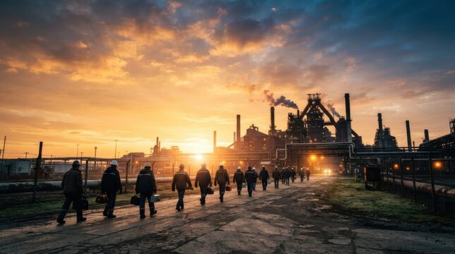 Group of Workers Walking Toward Industrial Sunrise