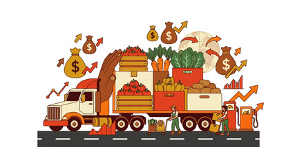 Fototapeta premium Logistics truck transporting fresh produce and money bags representing food inflation and supply chain economy. EPS Editable