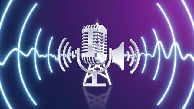 A golden vintage microphone icon glows on a purple background