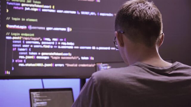 Programmer working on computer screen with code in dark room