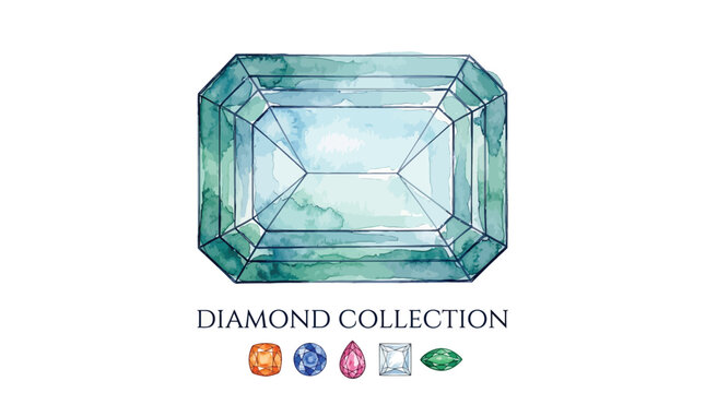 Detailed emerald green gemstone vector illustration featuring a beautiful artistic watercolor style with elegant sharp facets