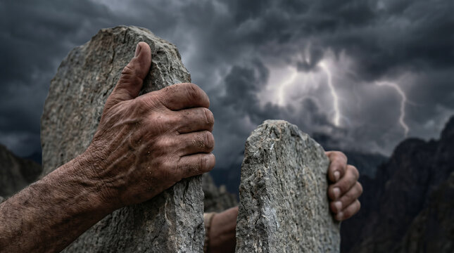 Moses holding the stone tablets of the Ten Commandments on Mount Sinai. Lightning and thick clouds in the background. Old Testament law