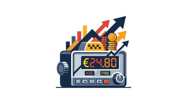 Taxi taximeter showing euro fare with rising financial growth arrows and bar charts illustration. EPS Editable