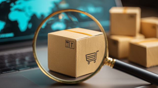 A magnifying glass examining a shopping package beside a laptop represents ecommerce verification, global shipping, supply chain control, and reliable order fulfillment.
