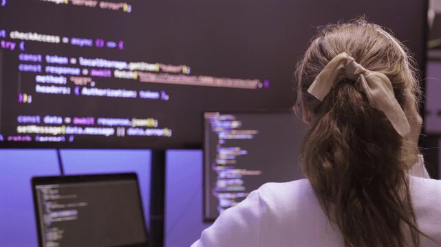 Female software developer writing code on computer screen in office