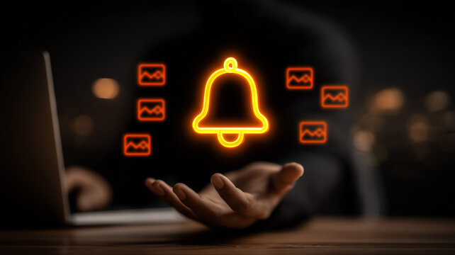 A hand presenting a notification bell beside a laptop represents instant alerts, message management, customer engagement, and connected digital communication.
