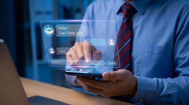 Professional Using Smartphone to Interact with Artificial Intelligence Chatbot Interface for Efficient Business Assistance
