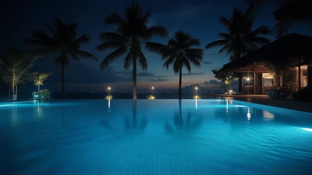 Luxury resort infinity pool illuminated at night with glowing blue lights, palm tree silhouettes against tropical ocean horizon, exotic vacation paradise