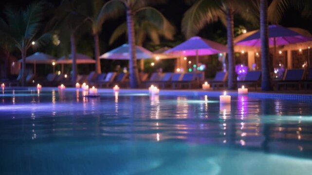 Night pool party atmosphere with floating candles and colorful lights, festive ambient glow at tropical resort, romantic evening celebration background