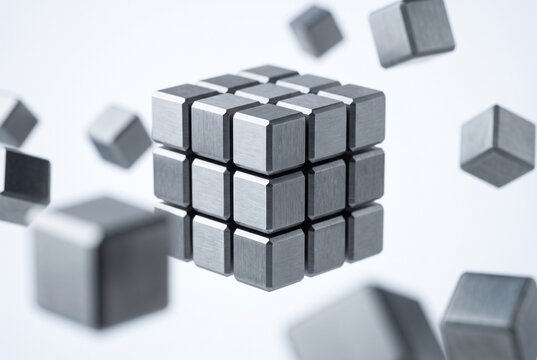 Abstract 3D render of a large brushed metal cube composed of smaller blocks, with individual steel cubes floating in a white minimalist space, representing modularity and technology