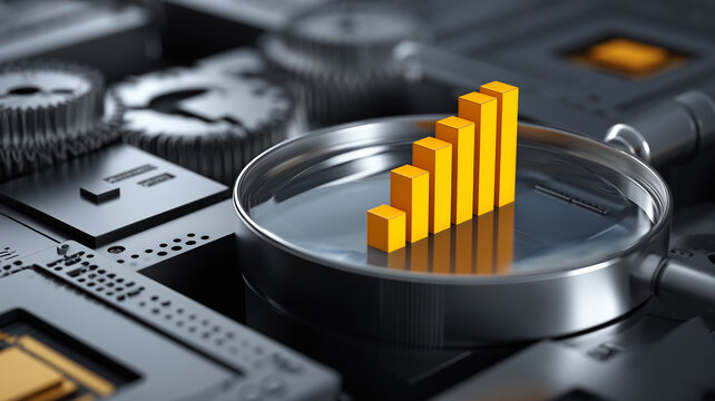 A magnifying glass revealing a rising bar chart among mechanical components depicts business performance analysis, symbolizing process optimization
