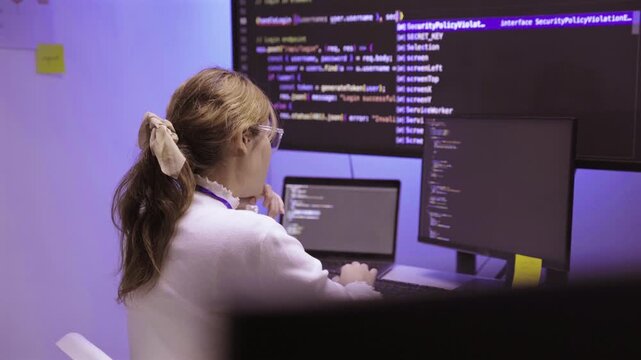 Female software developer writing code on computer screen in office