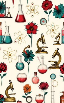 Laboratory tools, flowers, and atomic symbols in a vibrant scientific pattern.
