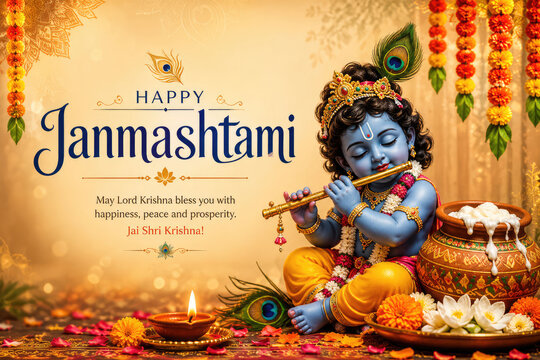 Baby Krishna Playing Flute for Happy Janmashtami Festival Greeting