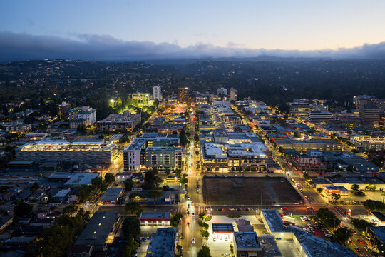 San Mateo California - Aerial Shot of Downtown San Mateo at Night Looking down 4th St Facing West