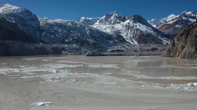 Aerial view of Lagu Glacier in Nyingchi, Tibet, showing magnificent ice and snow mountains