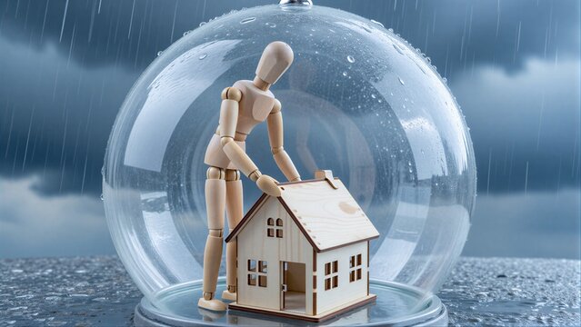 Wooden figure protects tiny house inside glass dome from stormy rain outside.