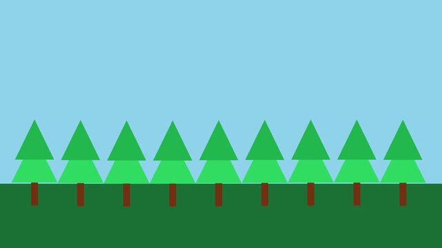 Minimalist flat forest landscape with repeating pine trees and blue sky animation 4k background nature