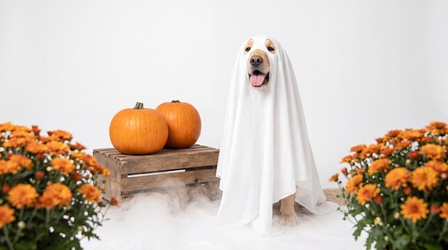 Golden retriever wearing white ghost costume sitting beside wooden crate with pumpkins with orange pumpkins chrysanthemums floor surrounded orange