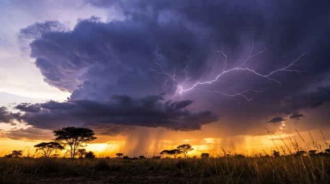 Dramatic lightning strike illuminating massive storm clouds above golden grasslands during vibrant sunset with captures powerful lightning bolt flashing across dark