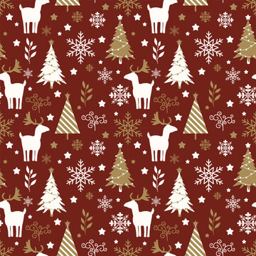 seamless pattern with christmas set of background with christmas tree, reindeer, and snow
