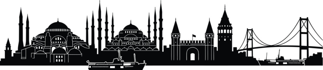 Fototapeta premium Istanbul city skyline silhouette with historic mosques and bosphorus bridge