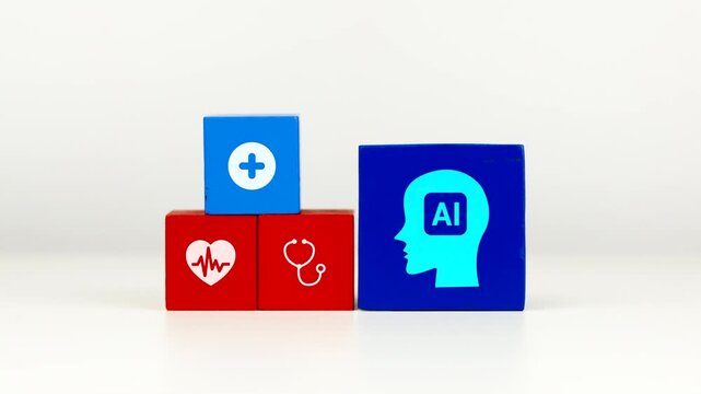 The doctor's hand displays a cube with an AI chip icon. Concept of modern medical technology, AI diagnostics, and advancements in digital health