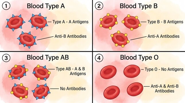 Blood Types Explained: A detailed medical illustration visually explaining the four major blood types: A, B, AB, and O, highlighting antigens and antibodies present on red blood cells.