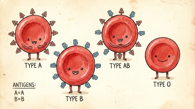 Blood Type Characters: Adorable, anthropomorphic red blood cells representing different blood types (A, B, AB, O) with their antigens explained.