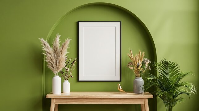 Blank vertical poster frame mockup centered above wooden console table against olive green arched wall with decorated dried botanicals displays blank