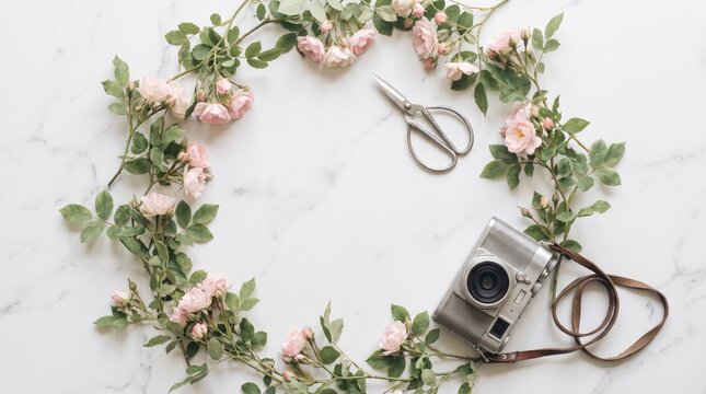 Vintage film camera surrounded by delicate pink rose garland on elegant white marble surface with scissors framed delicate displays vintage with metal scissors