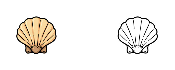 Scallop shell vector illustrations in flat colored and black line art styles representing marine object or seafood ingredient on white background © Dzianis
