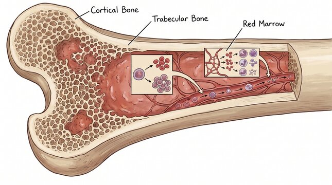 Anatomy of a Long Bone: A detailed cross-section illustrates the structure of a long bone, highlighting the cortical bone, trabecular bone, and the red marrow within, showing blood cell formation.
