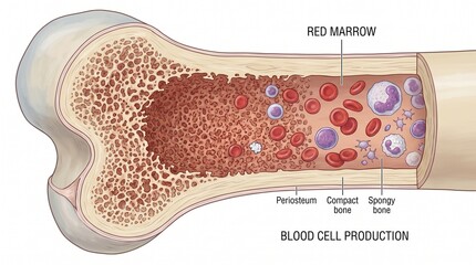 Fototapeta premium Bone Marrow Cross-section: Detailed illustration showcasing the internal structure of a long bone, highlighting red marrow and the process of blood cell production.